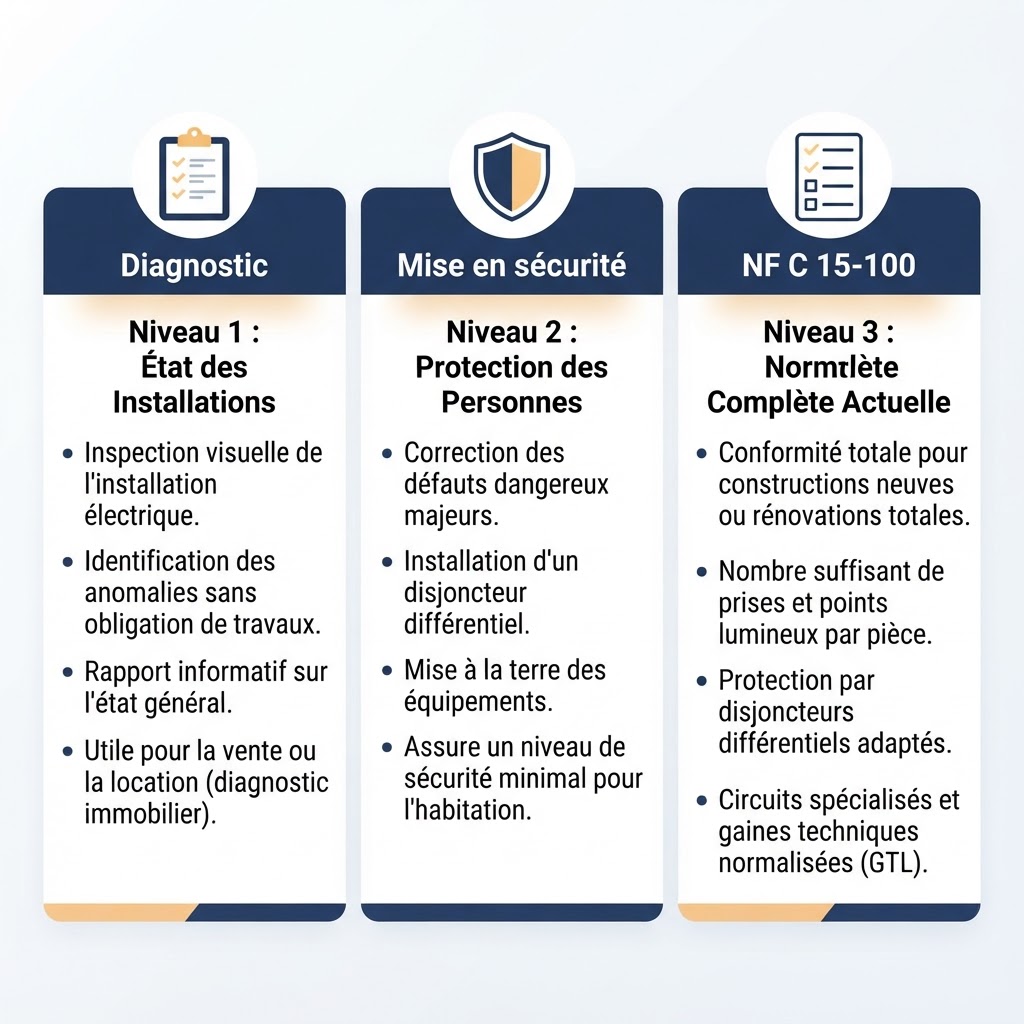 Comparaison des trois niveaux : diagnostic électrique, mise en sécurité et conformité NF C 15-100