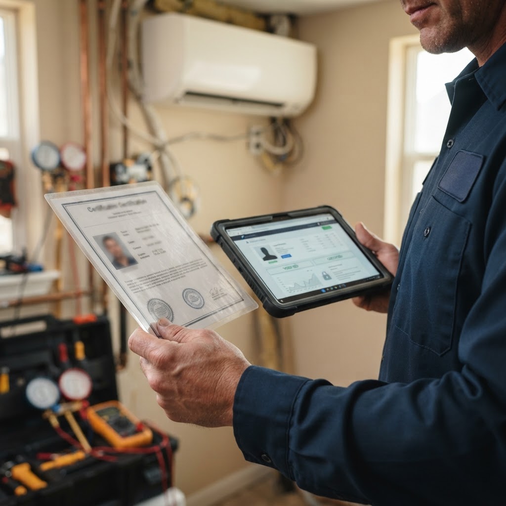 Artisan climatisateur présentant son attestation de certification RGE QualiPAC