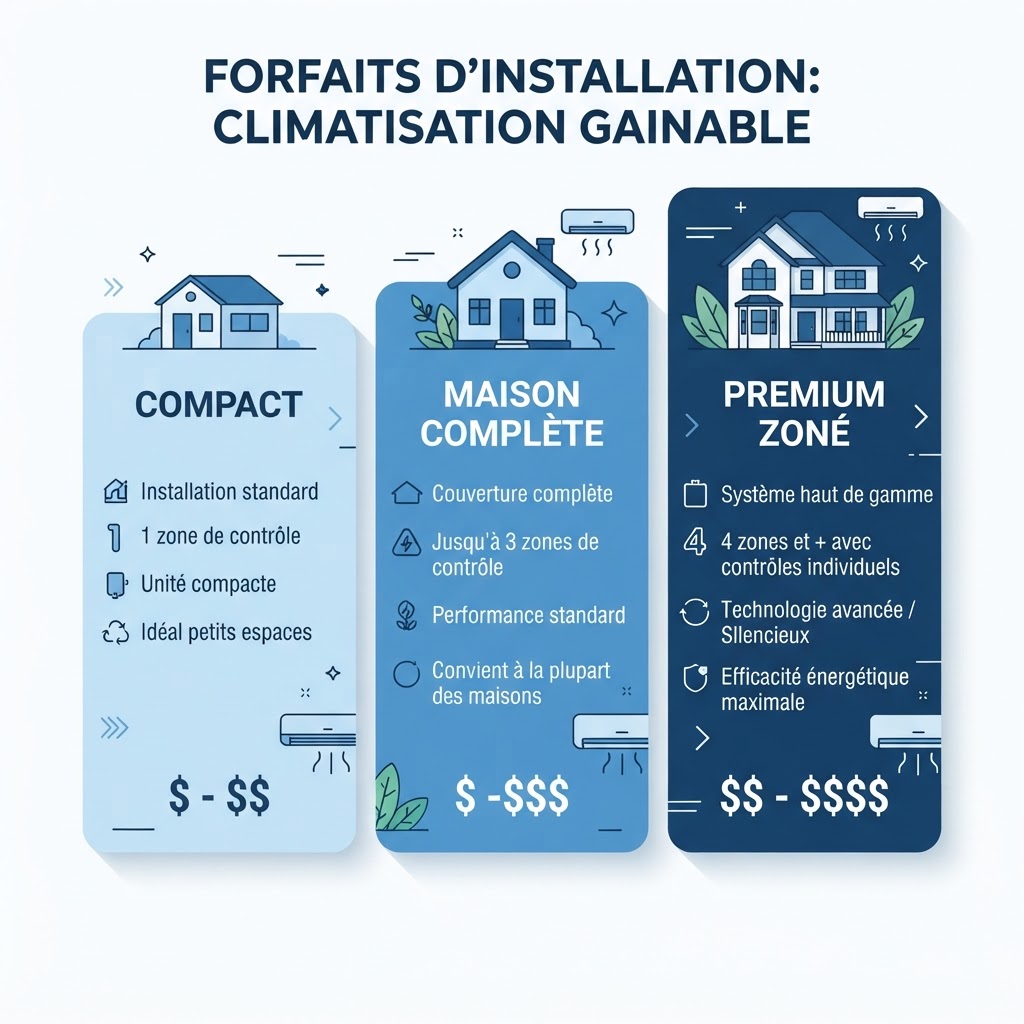 Infographie des trois paliers de prix d'une climatisation gainable : compact, maison complète et premium zoné