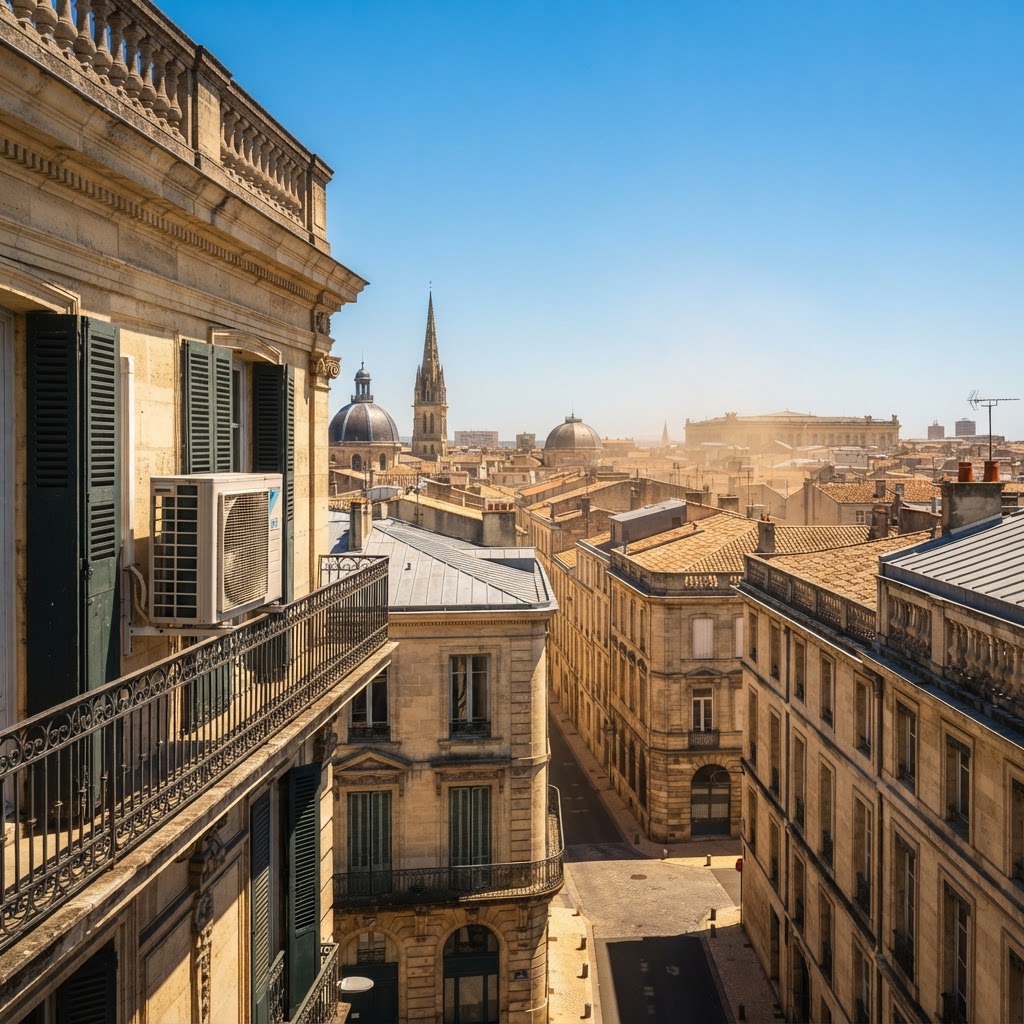 Unité extérieure de climatisation sur une façade bordelaise en pleine canicule estivale