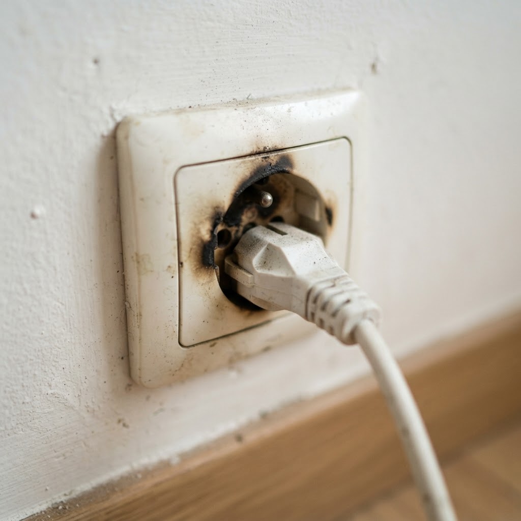 Prise électrique présentant des traces de surchauffe et de brûlure