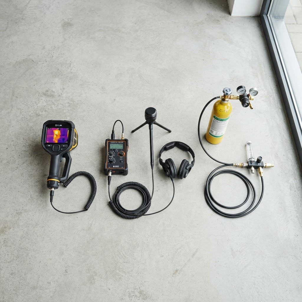 Équipement professionnel de recherche de fuite d'eau : caméra thermique et détecteur acoustique
