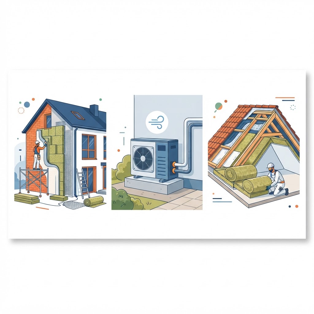 Infographie des postes de travaux de rénovation énergétique : isolation, pompe à chaleur et combles