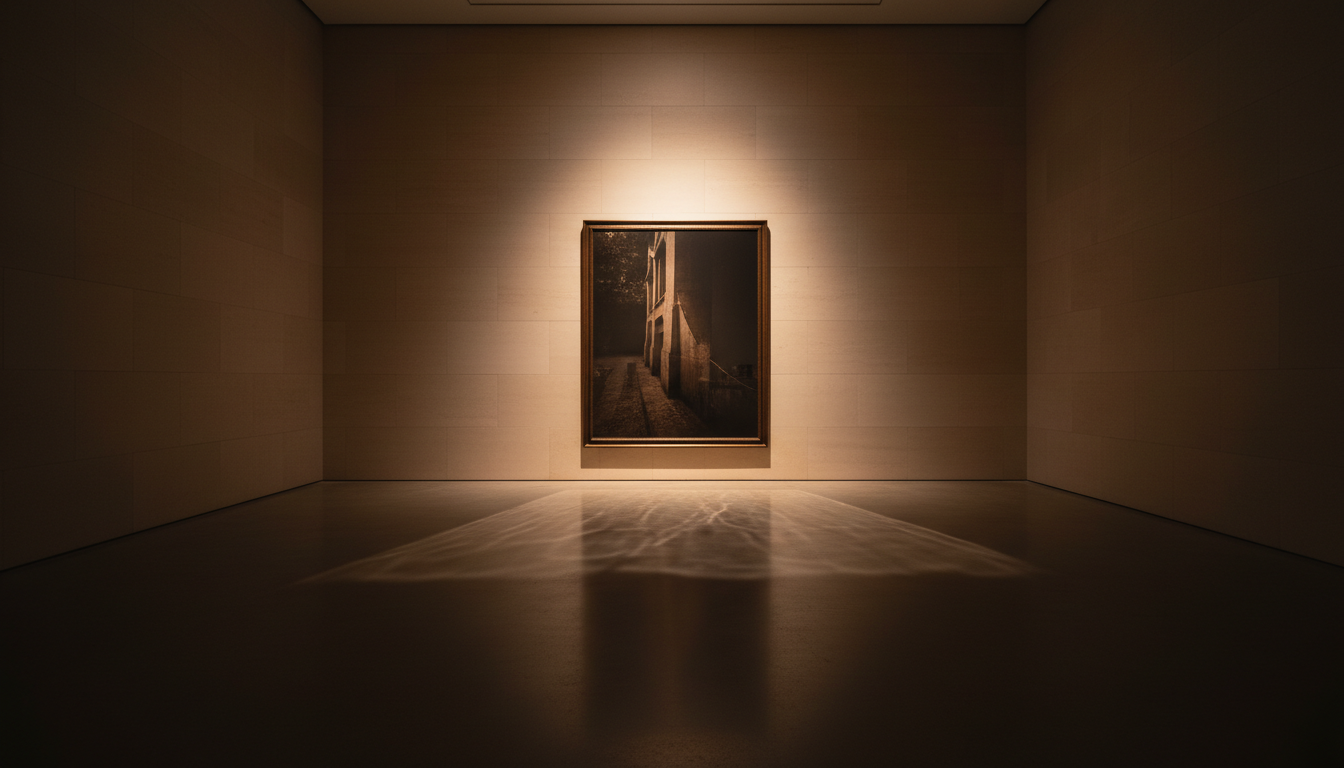 A contemporary museum gallery hallway with dramatic lighting