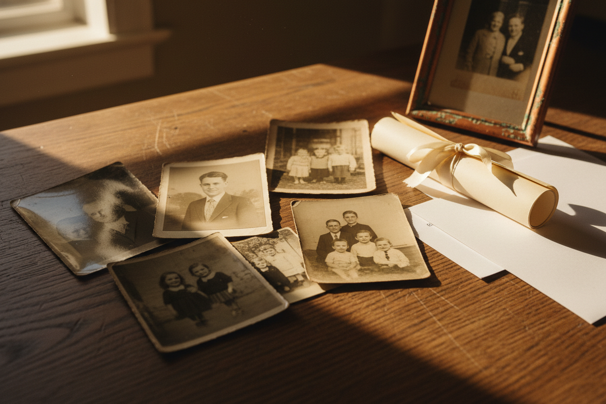 Old family photographs and diploma on a weathered oak table