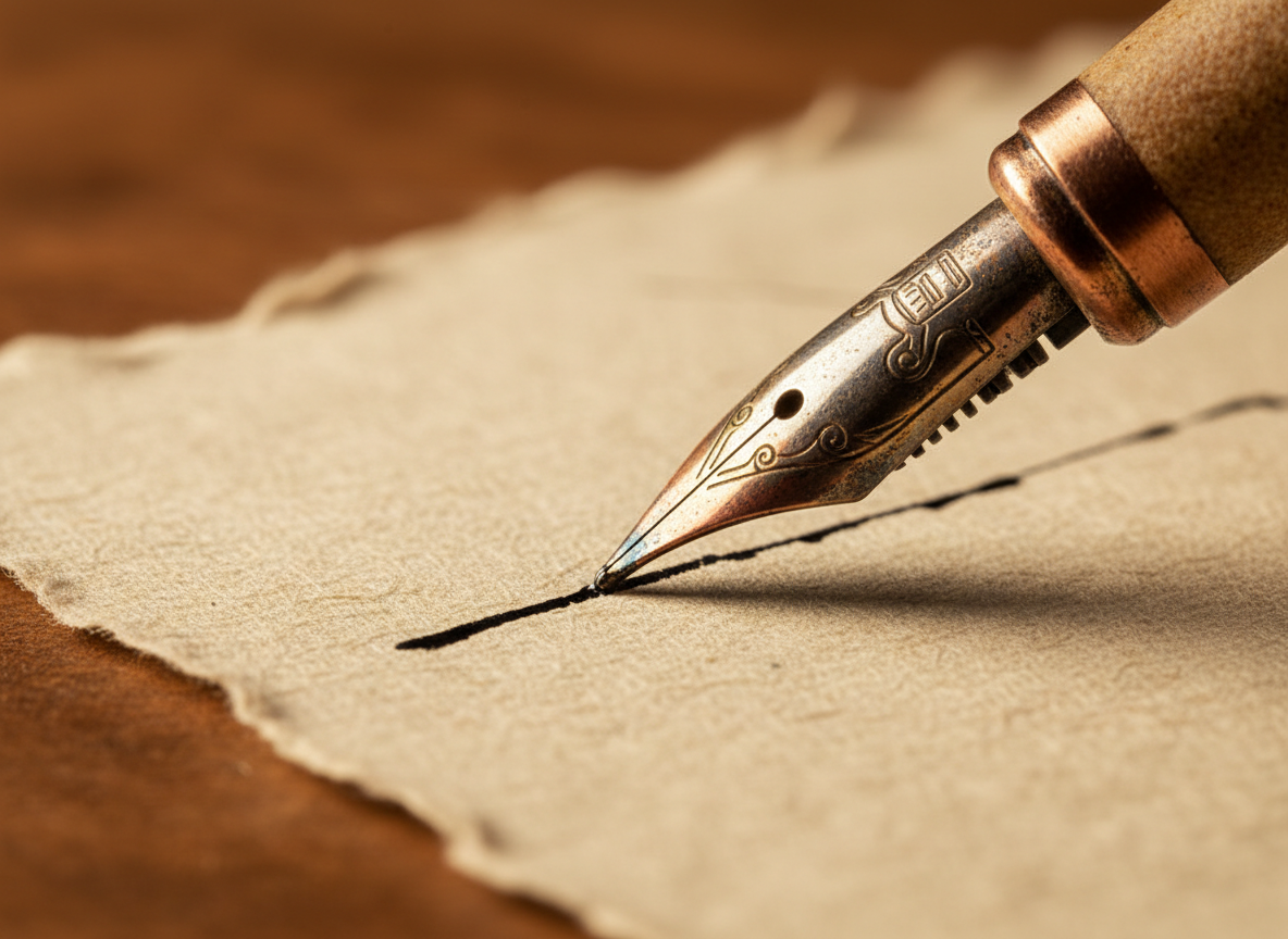 A vintage fountain pen nib writing on handmade paper