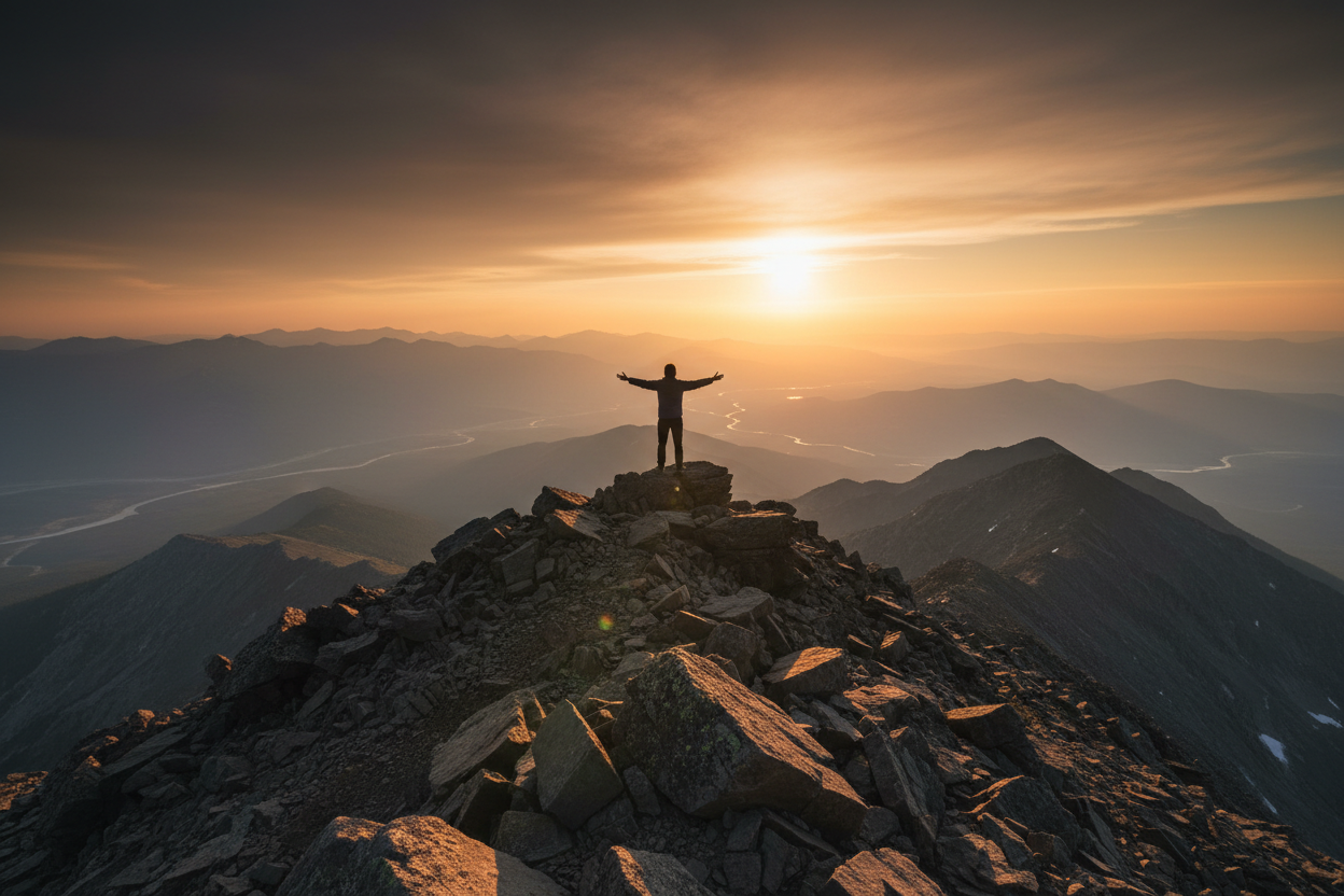 A person standing at a mountain summit at golden hour