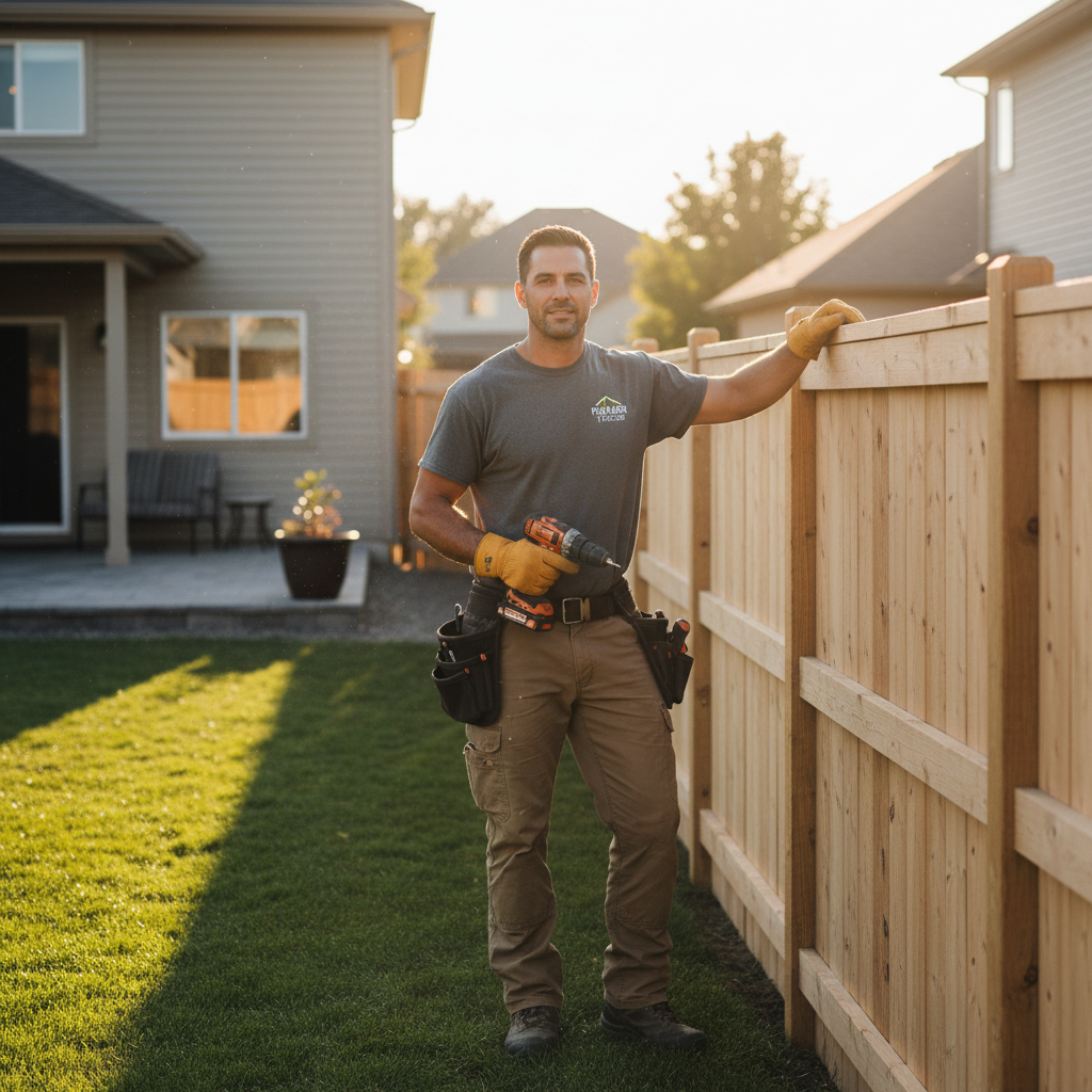 Professional fence contractor next to a newly installed privacy fence