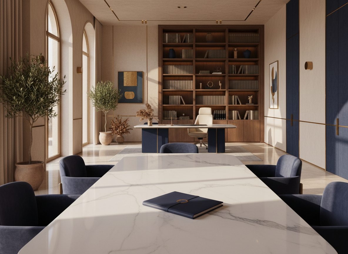 High-end sun-lit advisory office with a single document on a marble table