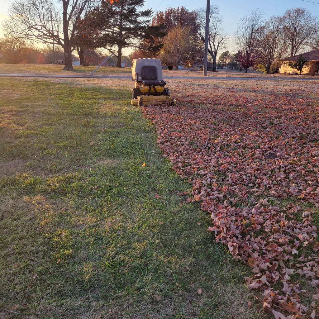 Striped lawn with brick home and asphalt driveway
