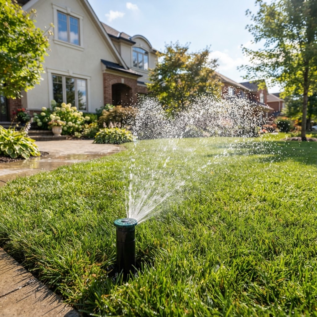 Sprinkler irrigation head spraying water over lush green lawn