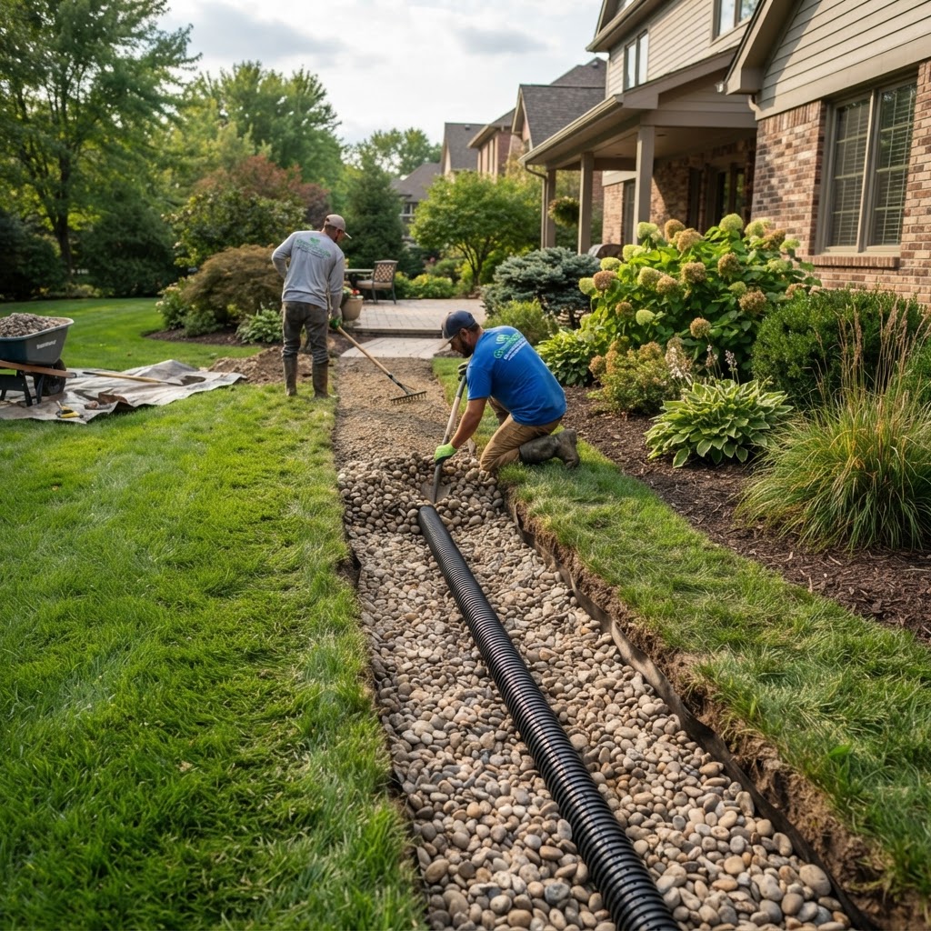 French drain installation with river rock alongside green lawn