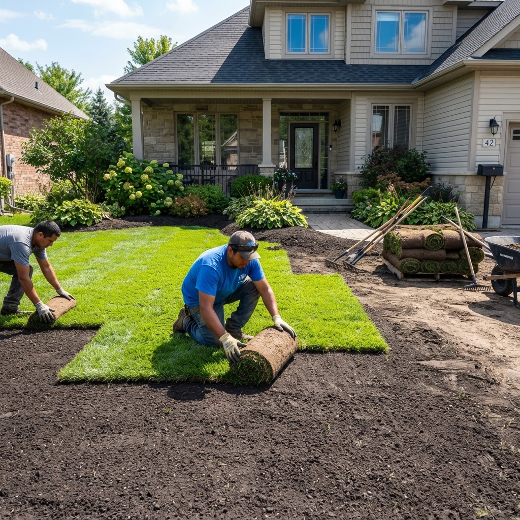Fresh green sod rolls being installed on prepared soil