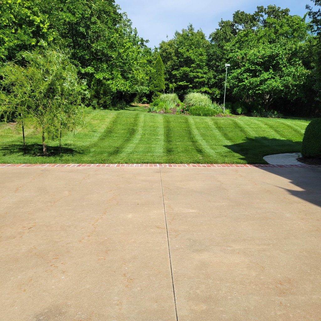 Mower striping lawn in fall with colorful tree backdrop