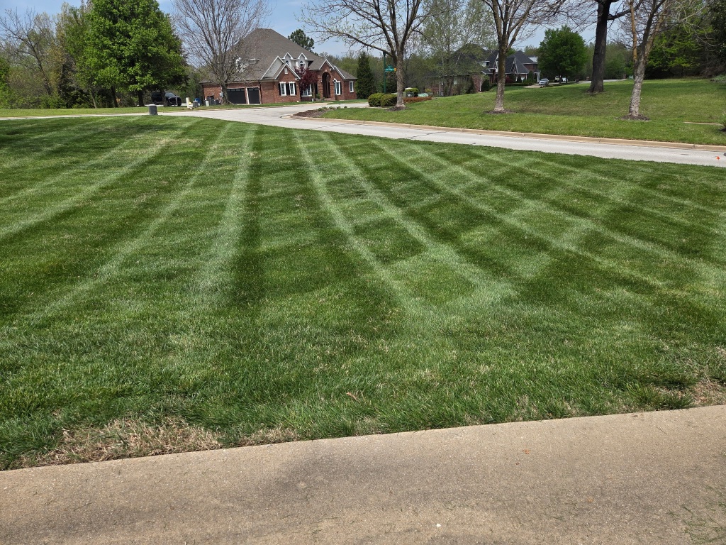 Mower on lawn with striped mowing pattern and landscape beds