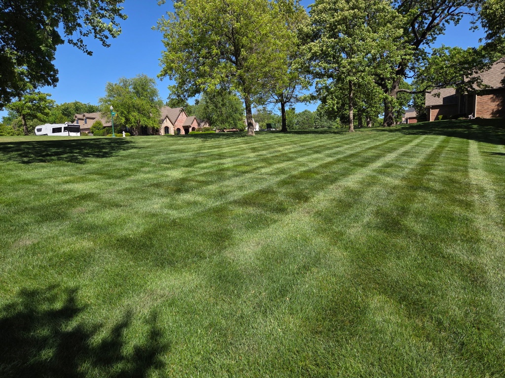 Striped lawn with Evergreen Estates trailer