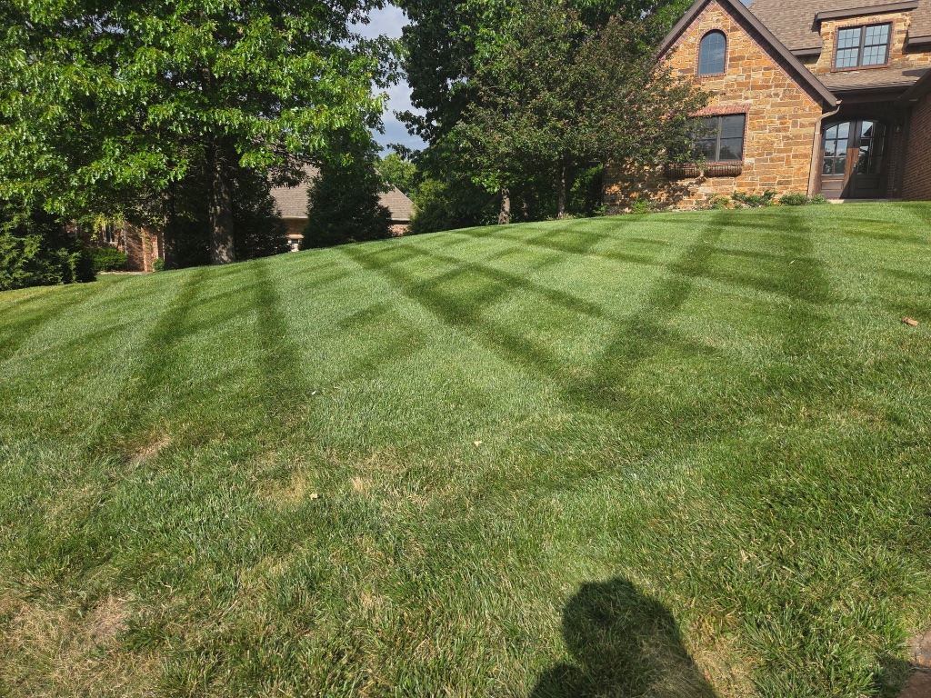 Cross-hatch mowing pattern on estate lawn with stone home