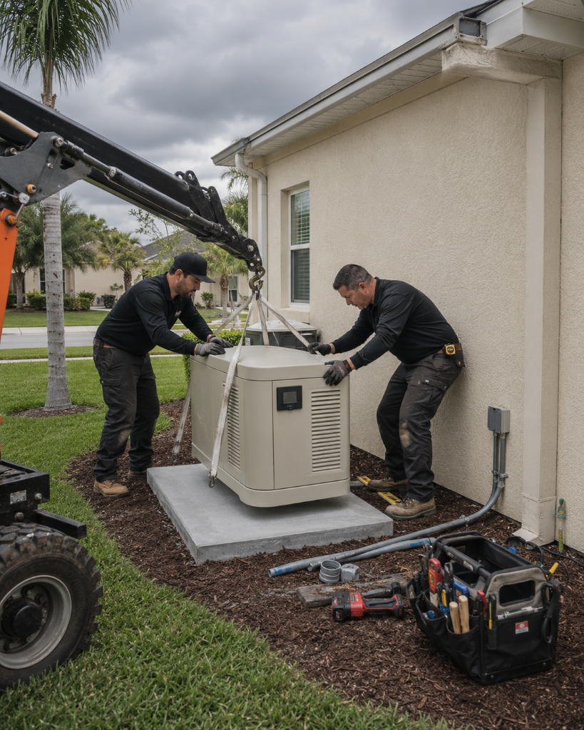 Never Dark Carolinas technicians installing a home standby generator on a concrete pad