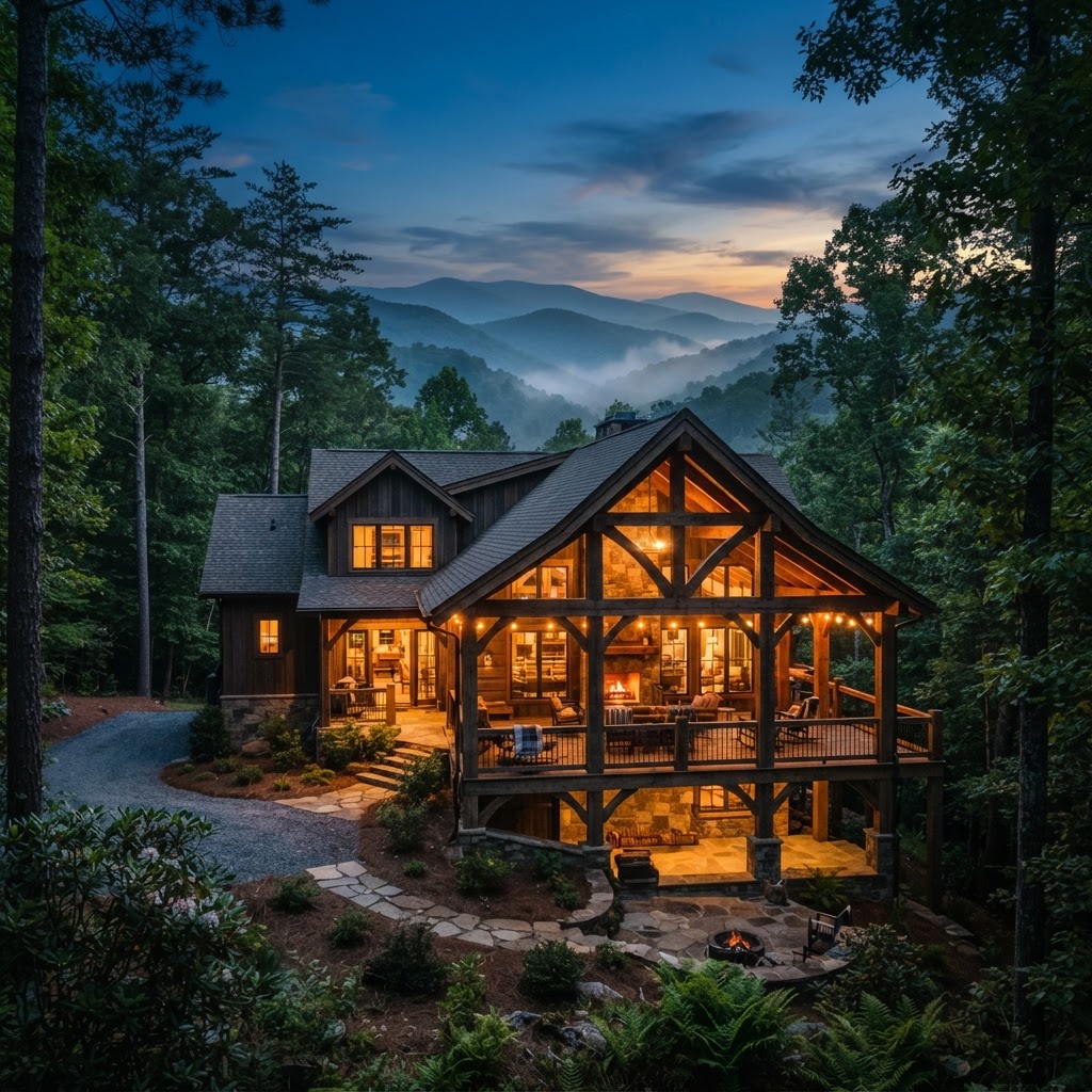 A luxury mountain vacation rental cabin in the Blue Ridge Mountains of Western North Carolina at dusk, warm windows glowing, Never Dark Carolinas standby power for Yonder rentals