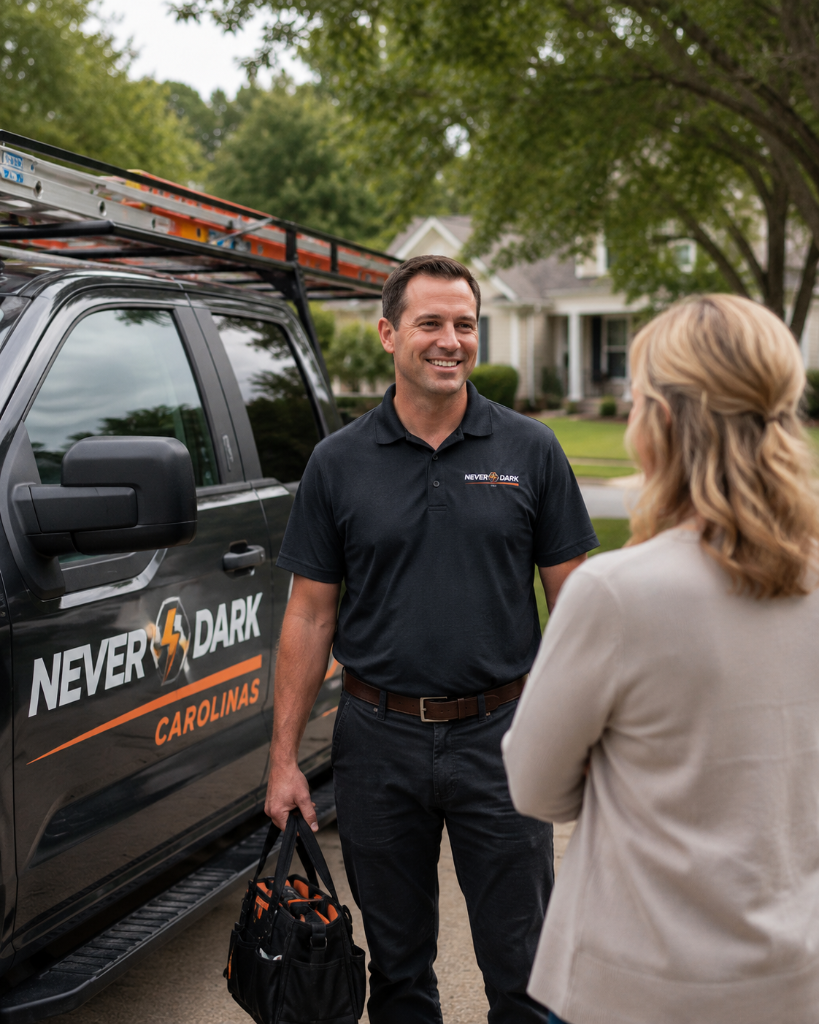 Never Dark Carolinas technician consulting with a homeowner about standby generator installation