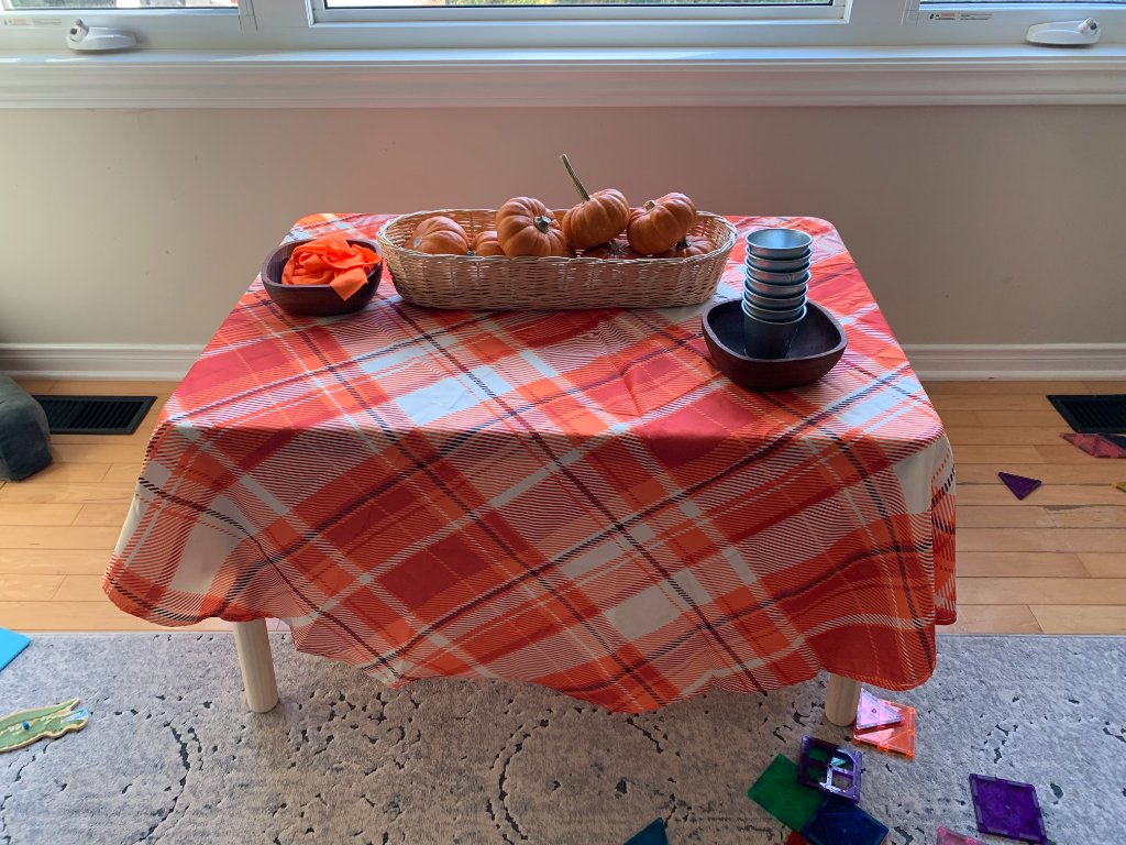 Autumn-themed children's table with plaid tablecloth, wicker basket of mini pumpkins, and wooden bowls