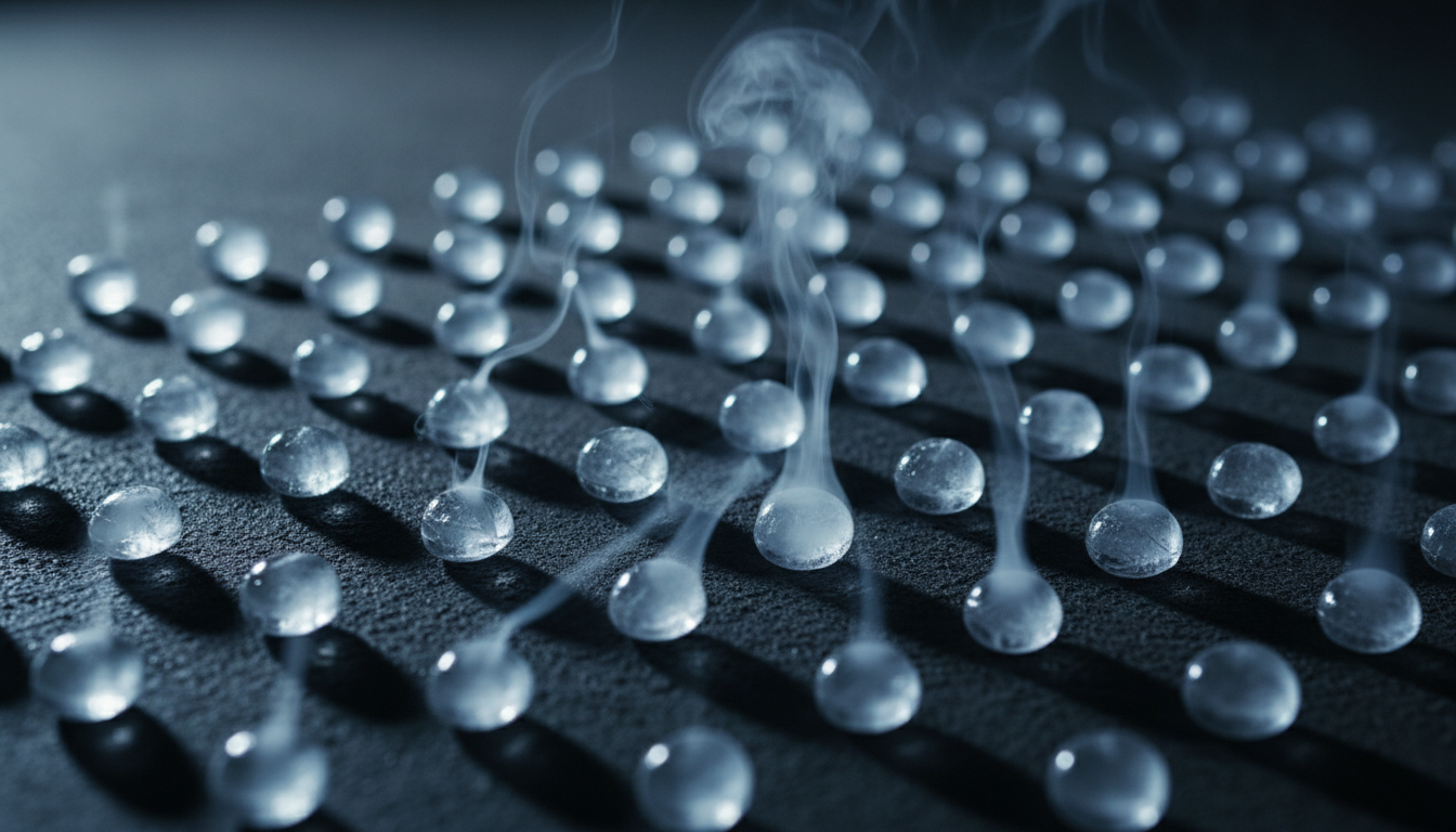 Dry ice pellets sublimating with cold vapor on dark surface