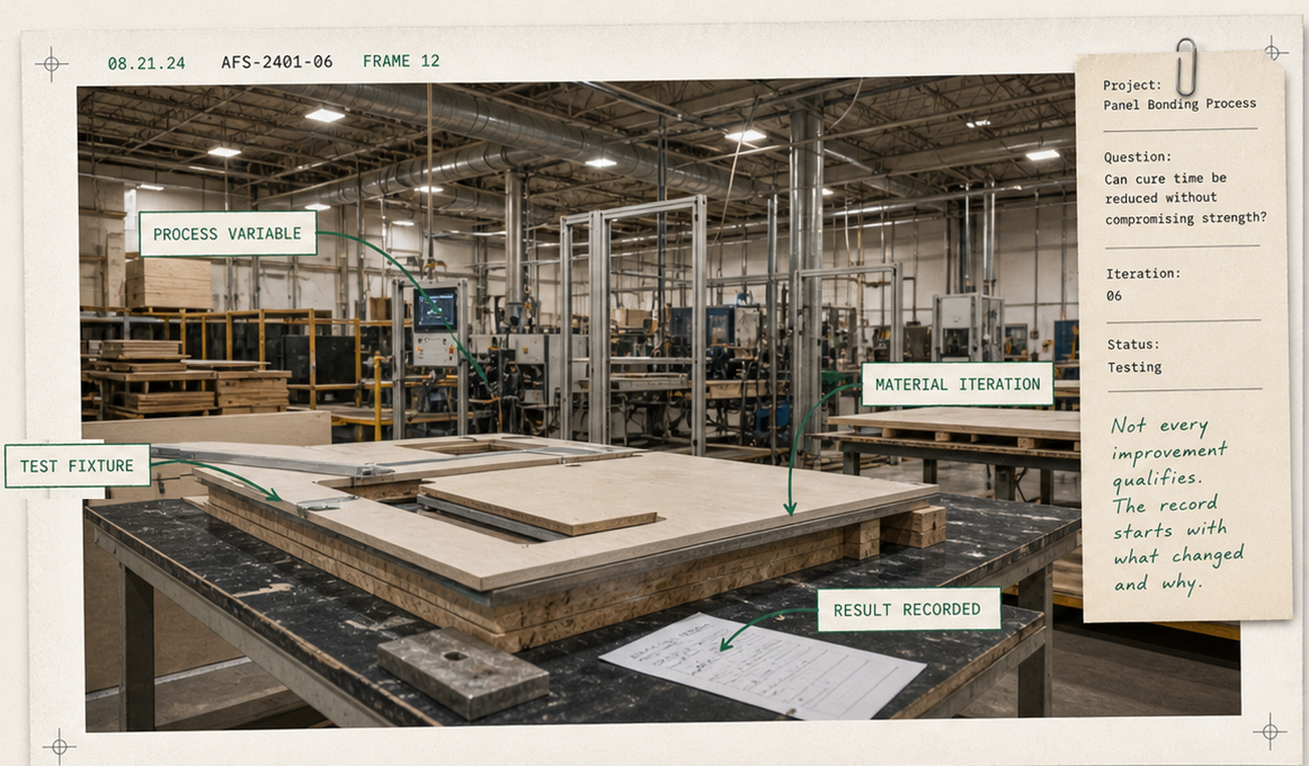 Illustrative manufacturing project record showing a panel-bonding test, process variables, material iteration, test fixture, and recorded result.