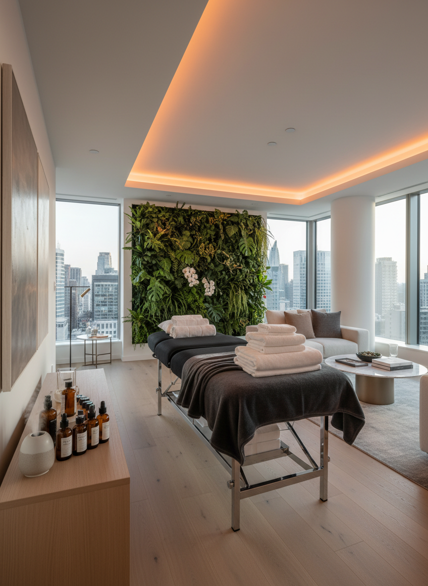 Luxury mobile wellness setup with premium massage table in a modern Lagos apartment