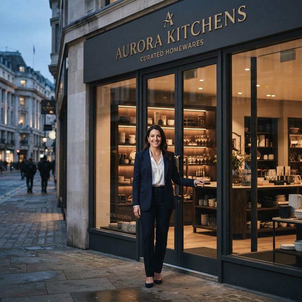 Franchise storefront with confident owner