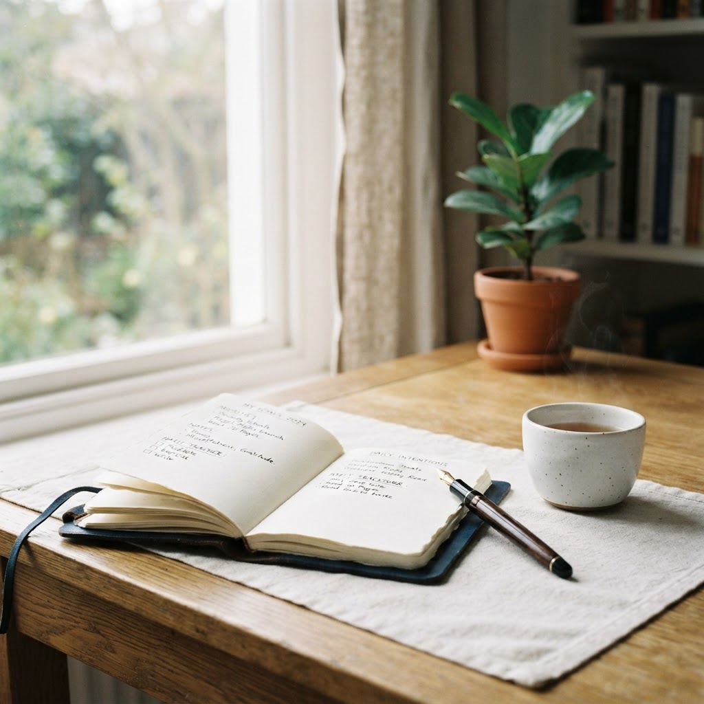 Minimalist desk with an open leather journal showing handwritten goals, a fountain pen, and a white ceramic cup in deep navy and ivory tones with soft morning light