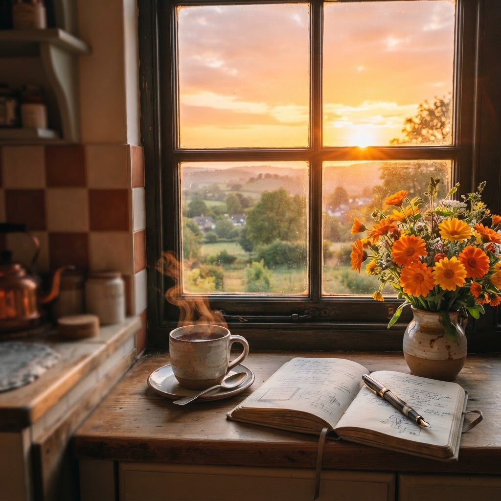 Sunrise through a kitchen window with a steaming cup of tea, open journal, and bright orange marigolds in warm golden light