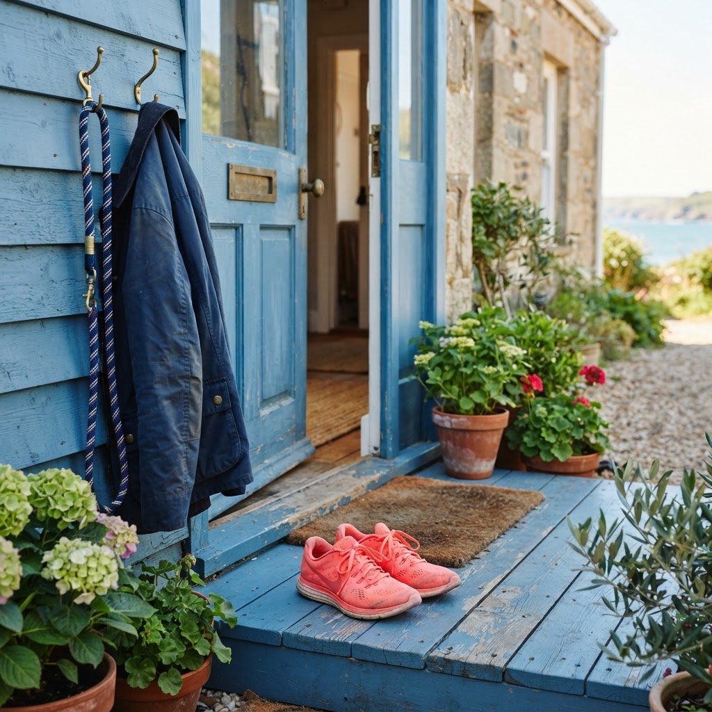 Pair of bright coral running shoes on a painted blue wooden doorstep beside a jacket and dog leash in bright morning light