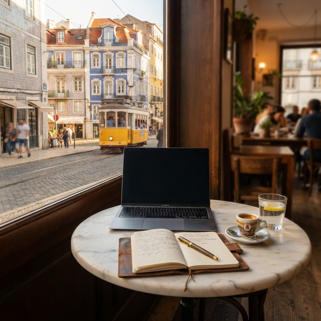 A laptop and a leather notebook on a small round marble café table with an espresso in a porcelain cup and a glass of water with lemon, a bustling Lisbon street with tiled facades visible through the window in afternoon golden light