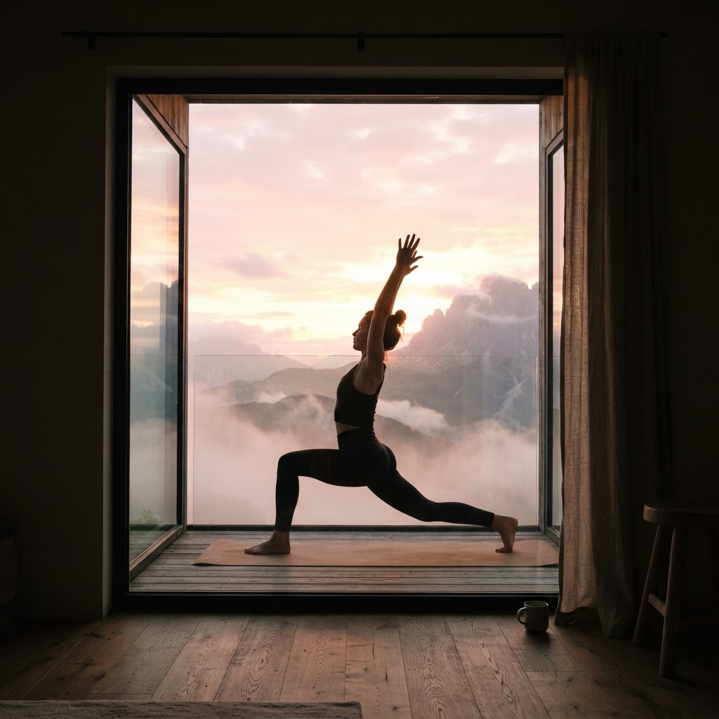 Person stretching on a yoga mat in soft pink dawn light, viewed from a distance through a large window, silhouette with warm backlight