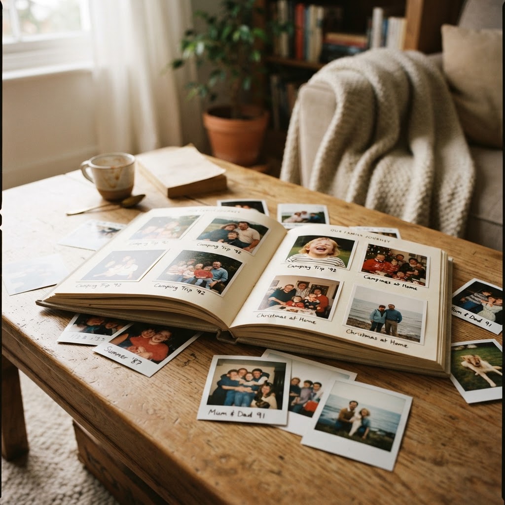Family photo album open on a coffee table with polaroids and printed photos scattered around in warm honey and deep brown tones with soft afternoon light