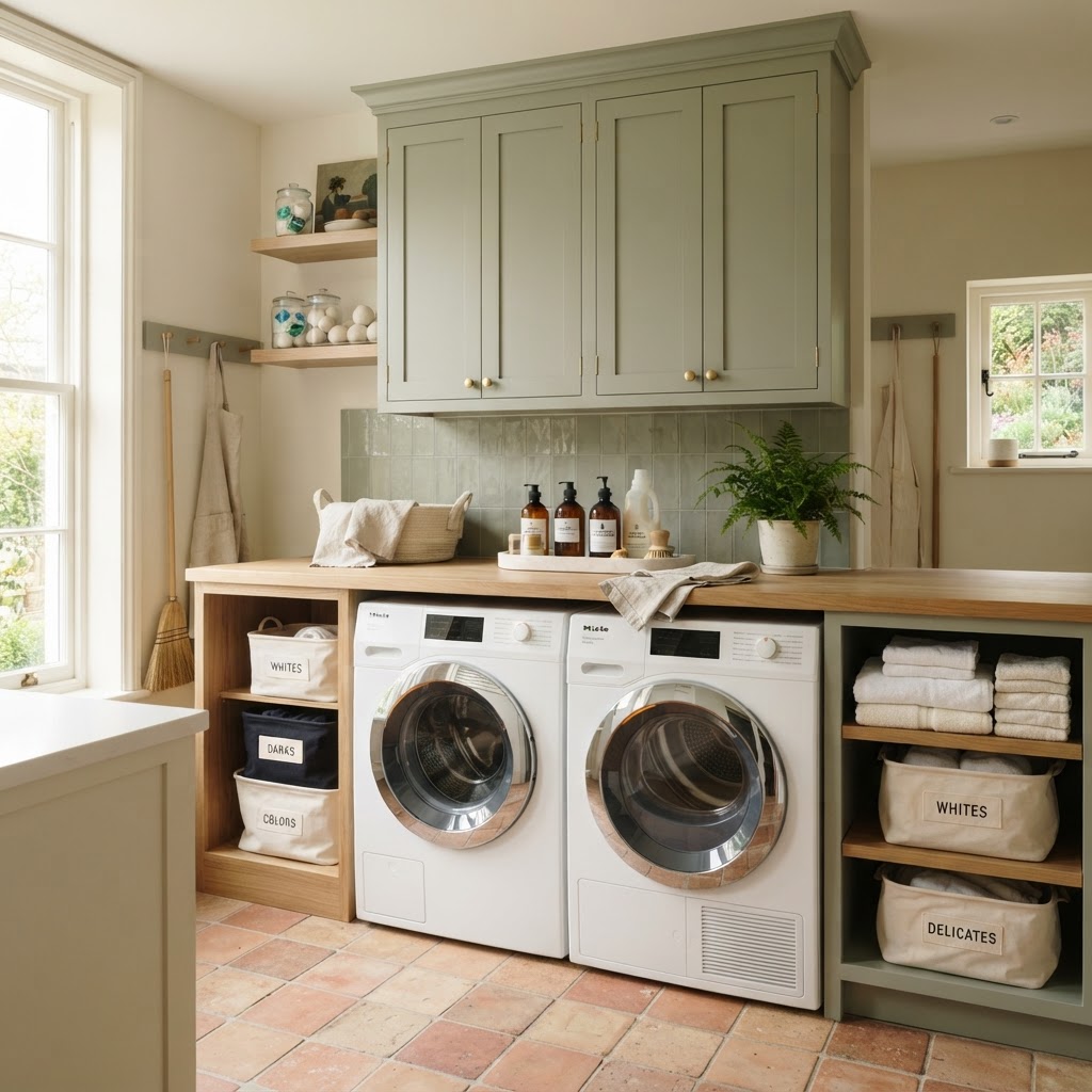 Clean and organized laundry room with sorted baskets, folded towels, and cleaning supplies in warm cream and sage green tones with bright natural light
