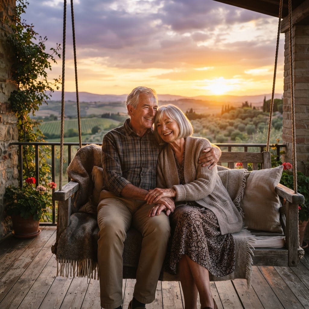 Elderly couple sitting on a porch swing together watching the sunset with hands intertwined in warm golden and deep purple tones with golden hour light