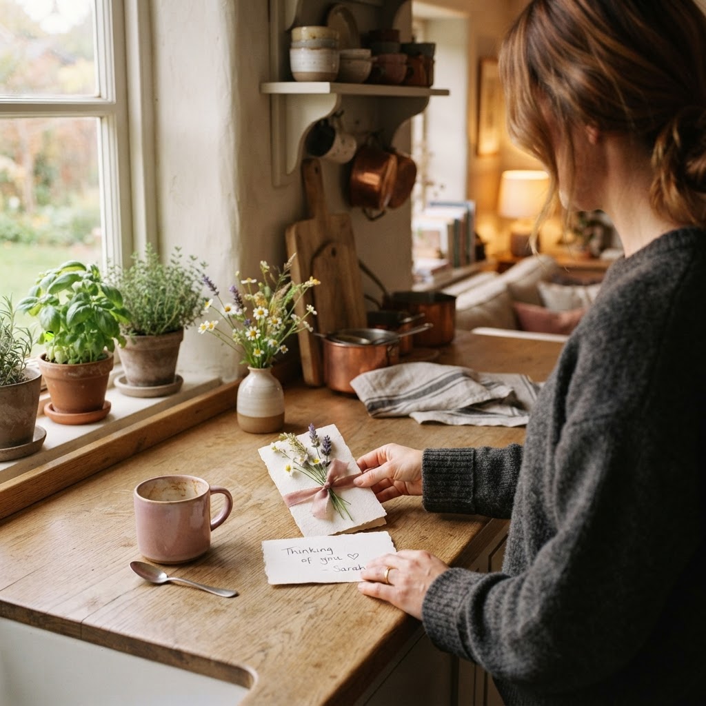 Person leaving a handwritten note with a small wildflower on a kitchen counter for a loved one in warm dusty rose and charcoal tones with soft morning light