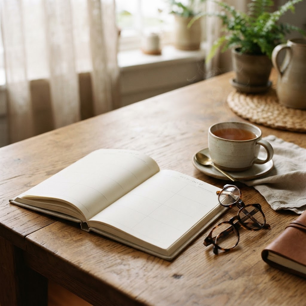 Weekly planner open on a kitchen table with a cup of tea and a pair of reading glasses in warm honey and deep brown tones with soft morning light