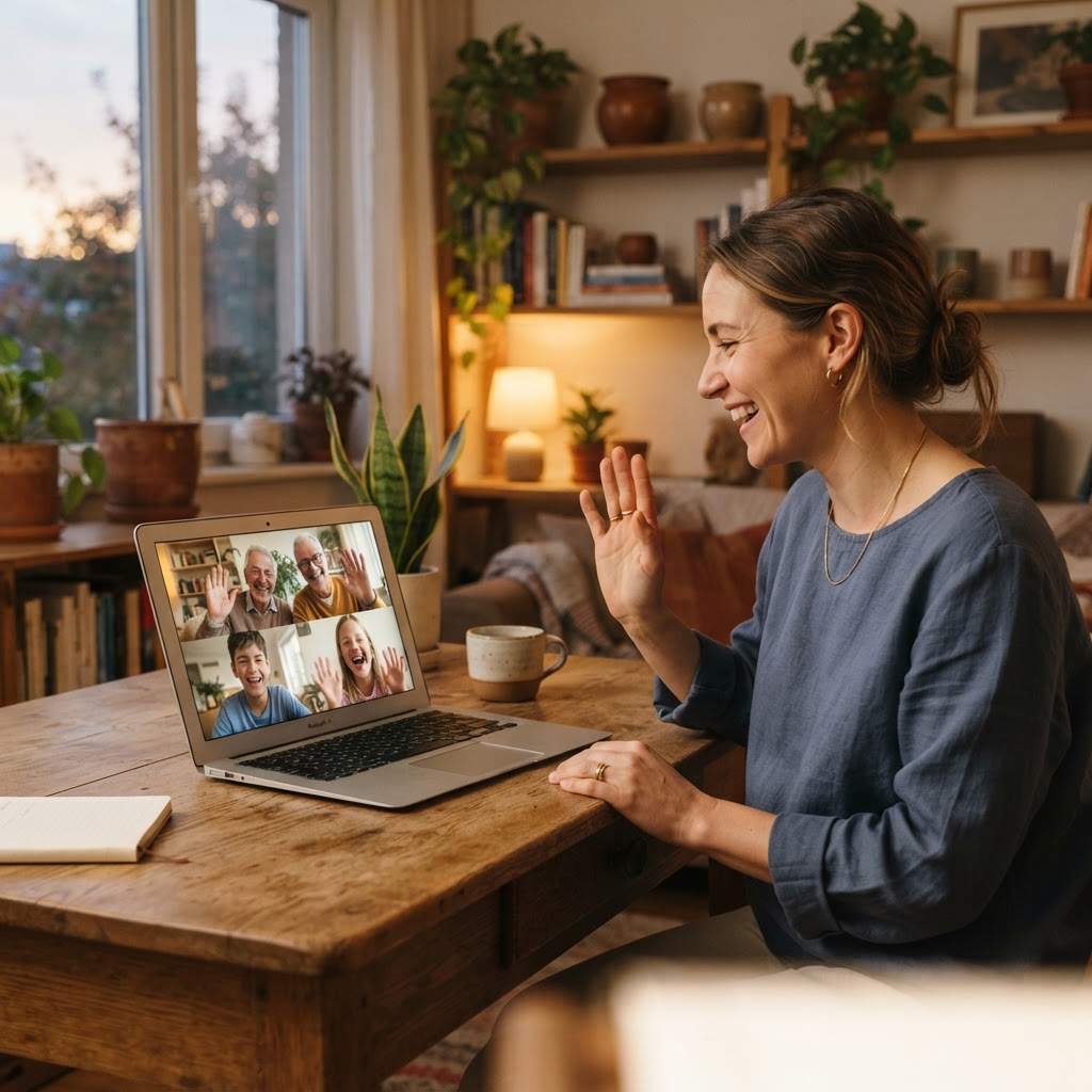 Person video calling family on a laptop screen showing loved ones in warm slate blue and warm gold tones with soft evening light