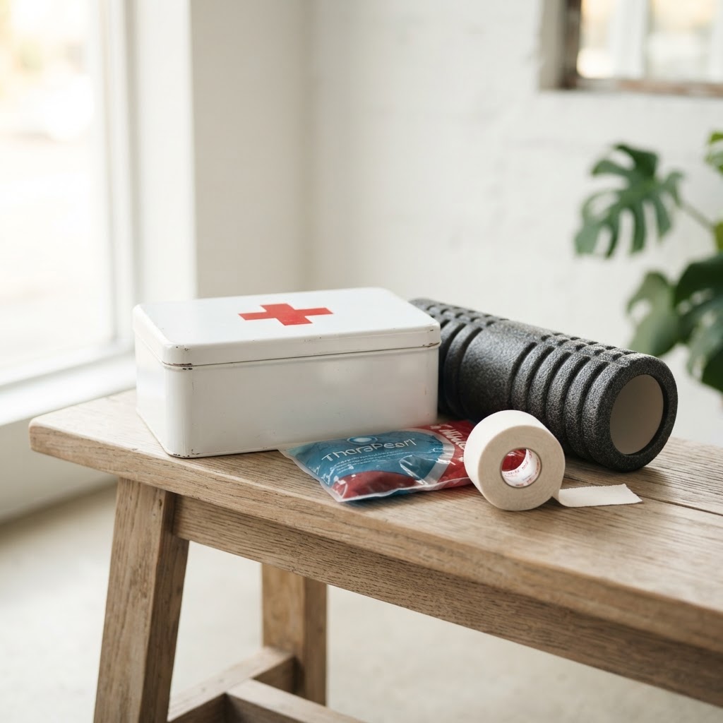 White first aid kit with a red cross, ice pack, athletic tape, and foam roller on a light wooden bench in bright natural light