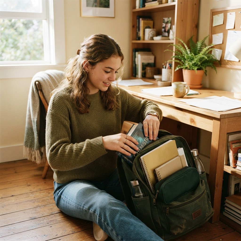 Teenager packing a backpack for school independently with books and supplies in warm forest green and warm gold tones with bright morning light