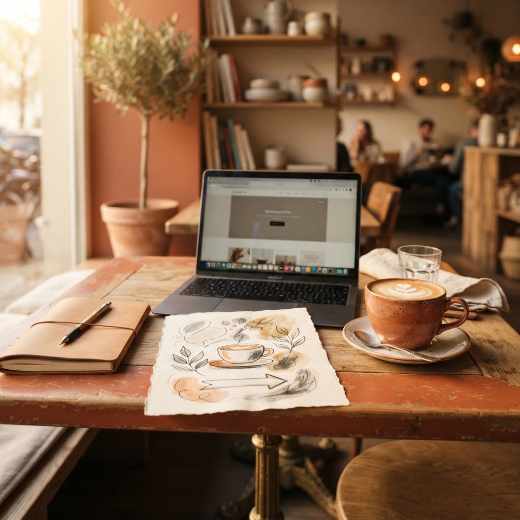 Café table with a laptop and a hand-drawn marketing flyer and a cup of coffee in warm terracotta and cream palette with golden afternoon light