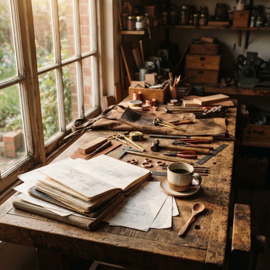 Rustic workshop table with sketches, a coffee cup, and scattered tools in warm copper and deep brown tones with dramatic side light through a window