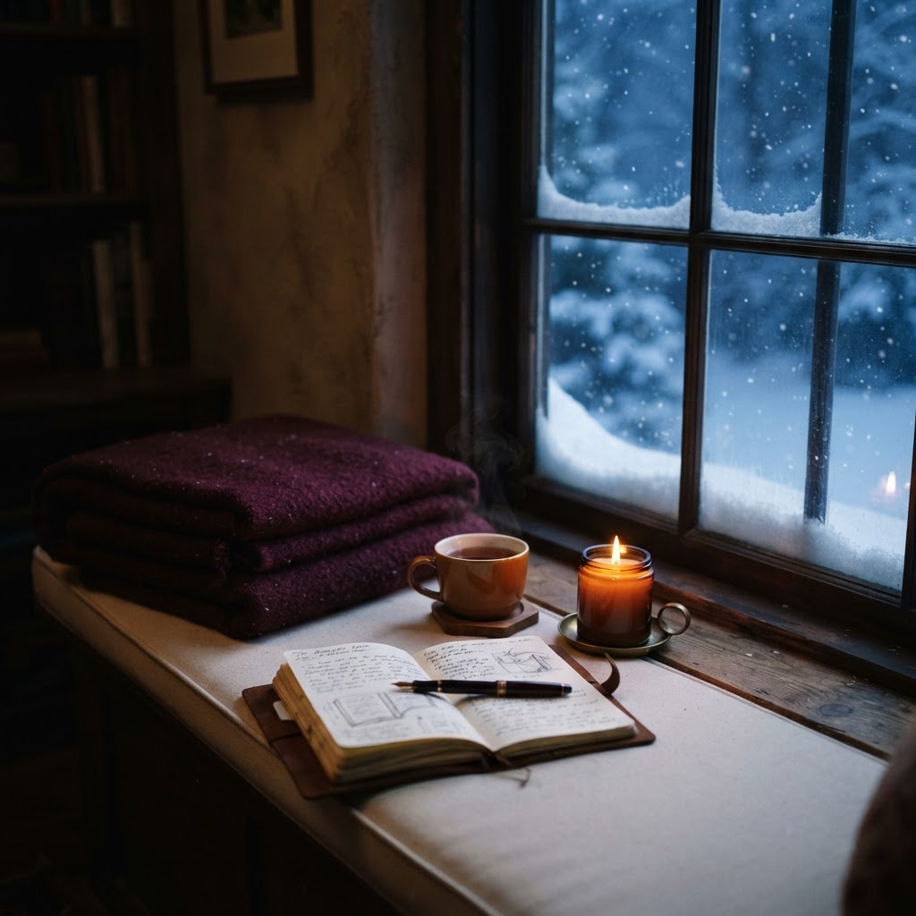 A cozy winter window seat with snow falling outside, a warm blanket, lit candle, open journal, and cup of tea