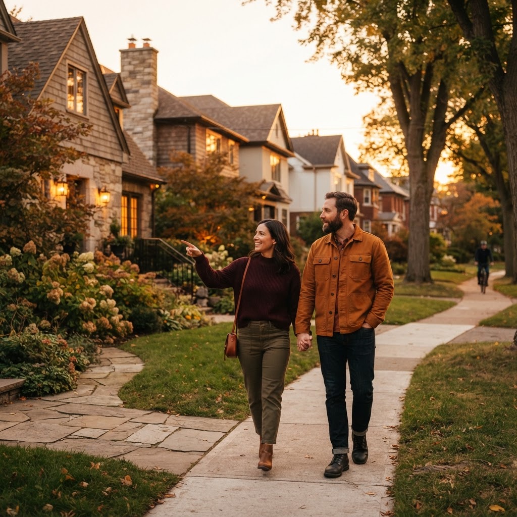 Couple walking through a new neighborhood looking at houses in warm amber and deep burgundy tones with golden hour outdoor light