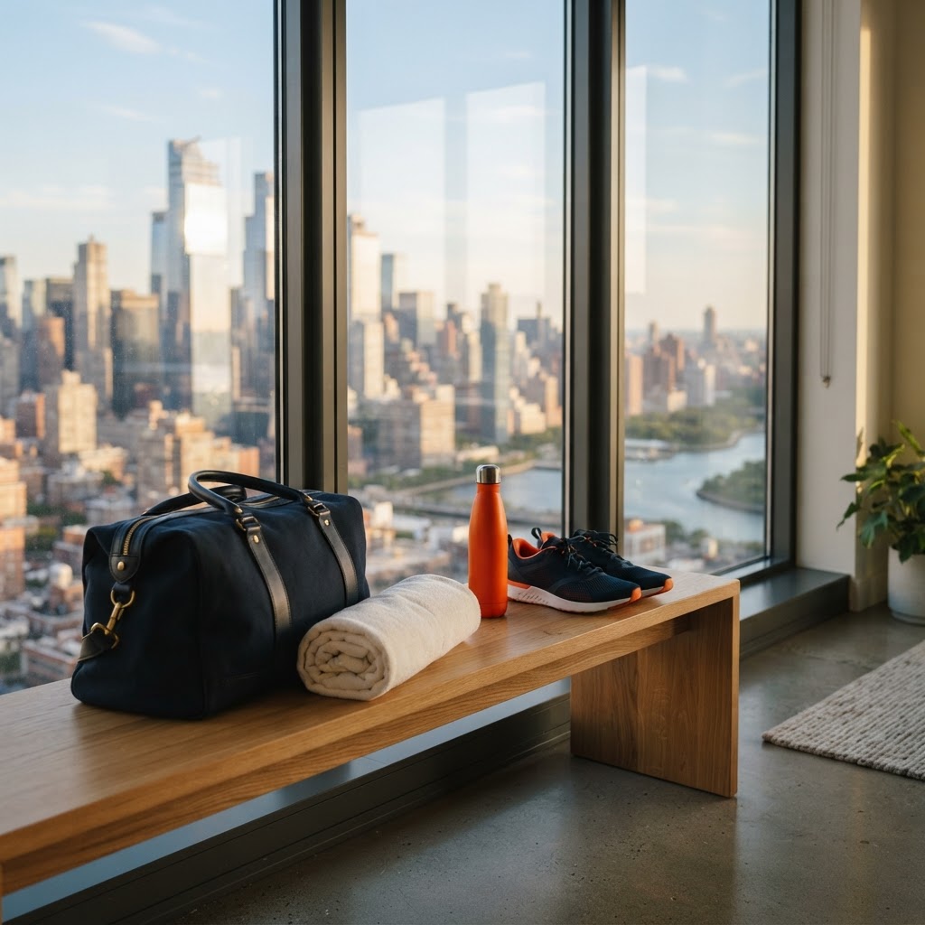 Dark navy gym bag with a towel, orange water bottle, and running shoes placed neatly on a bench by a floor-to-ceiling window with city view