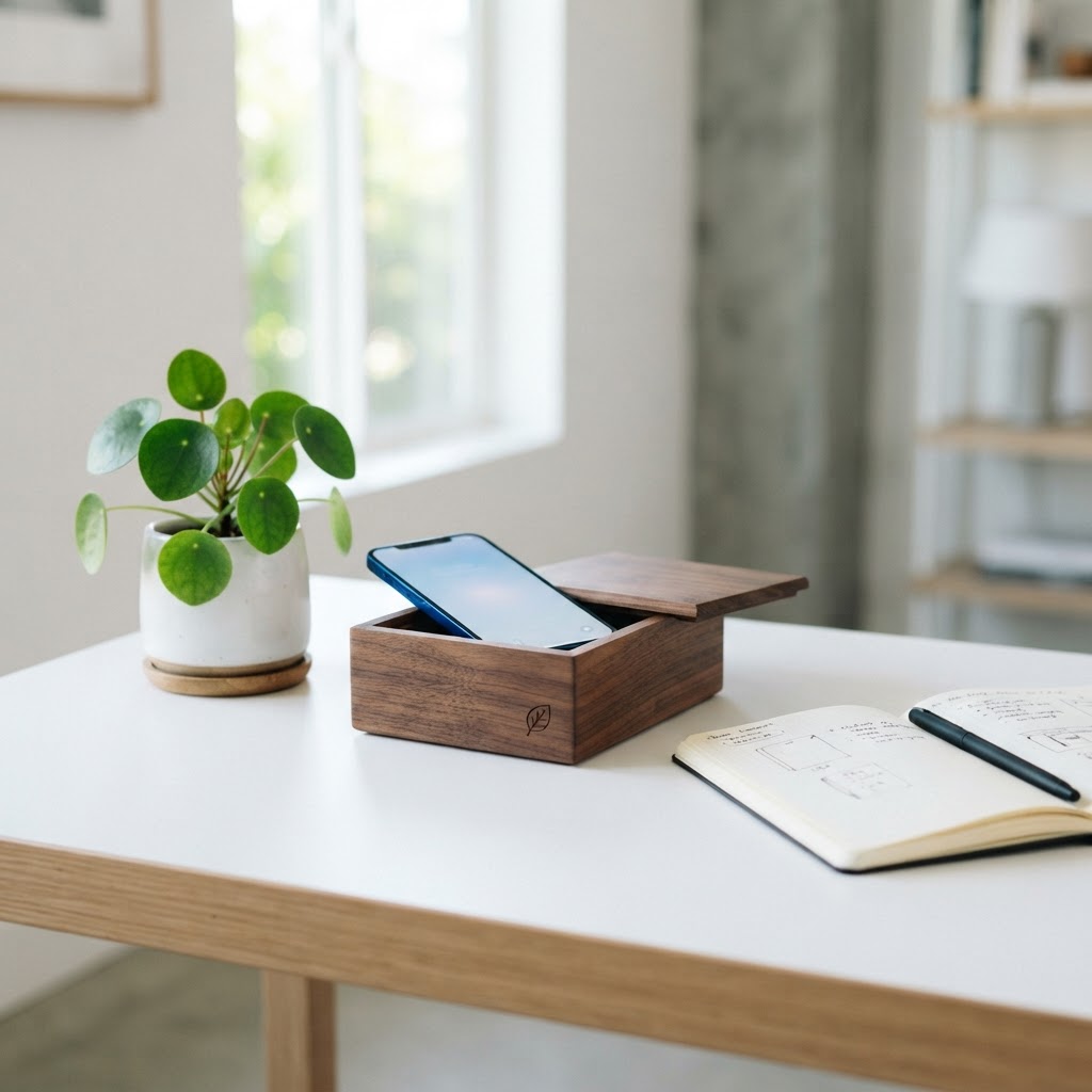 Smartphone in a wooden box with a small leaf on a minimalist white desk beside a potted plant and open notebook in bright modern light