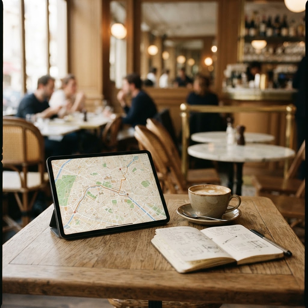 A tablet showing a travel map app on a café table with a coffee cup and a notebook in a modern Parisian café in afternoon light