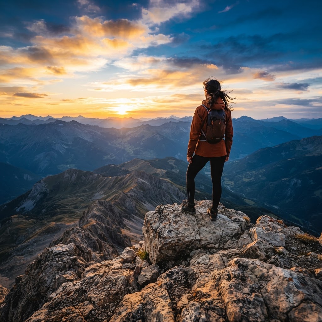 A person standing on a rocky mountain summit at golden hour, seen from behind, overlooking a vast mountain range